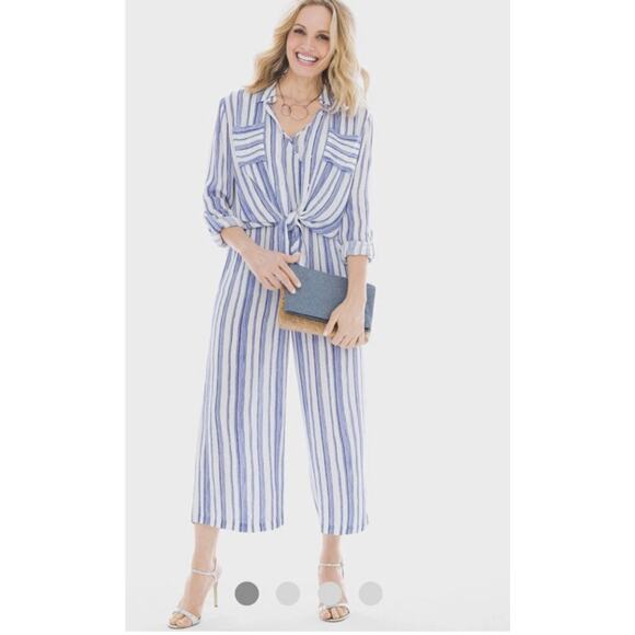 Chicos Gaucho Two Piece Jumpsuit 1.5 10 Navy Blue White Stripe Wide Leg Blouse - Picture 1 of 10